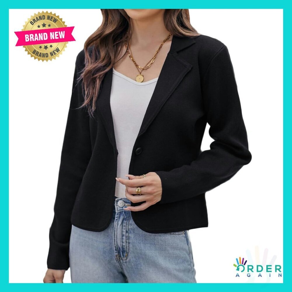 Cropped Knit Blazer Cardigan Lightweight Button Front Chic Work Casual